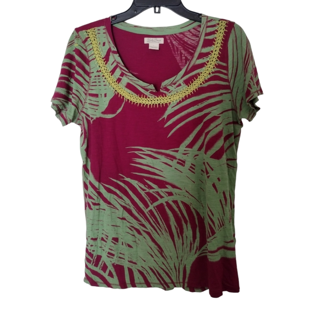 Lucky Brand Magenta Green Yellow tropical Leaf T-shirt 100% cotton size Large